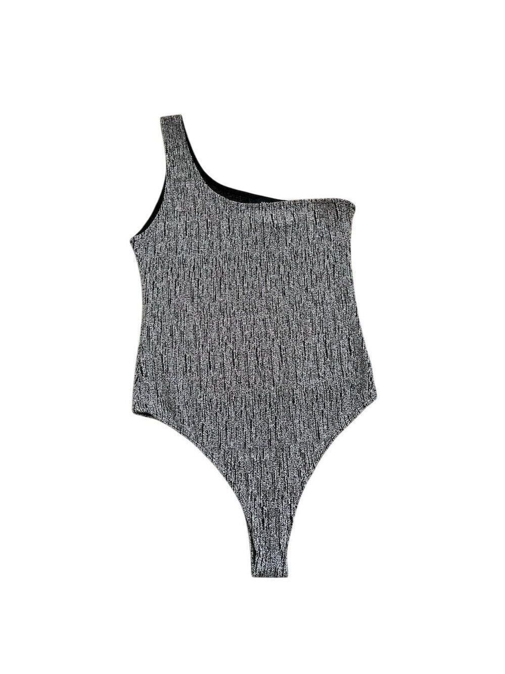 Seduction Gray Rib-Knit One-Shoulder Bodysuit Swimsuit Large - Picture 3 of 9